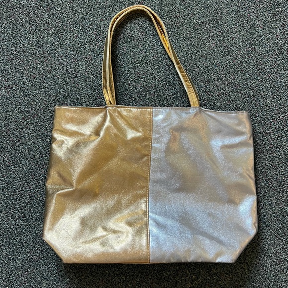 Color-block Shiny Metallic Silver & Gold Medium Large Tote Bag Pockets Laptop - Picture 4 of 16